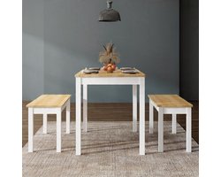 Nordic Compact eettafelset 4-delig - Massief Grenenhout - 1 tafel & 2 banken - 108x65 cm - Ruimtebesparend - Wit met teak Casa Serena