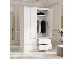 Nordic Elegance Kledingkast 60 cm – Witte Garderobekast met 2 Deuren, 2 Laden, Kledingstang en Plank – Smalle Hoge Kast 180 cm – Slaapkamer, Hal en Woonkamer House&Garden