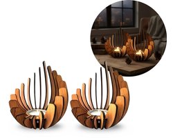 Nordic Houten Kaarshouders Set van 2 – Scandinavische Theelichthouders – Bruin Hout – Sfeervolle Kaarsenhouder voor Woonkamer, Salon, Tafeldecoratie & Cadeau