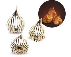 Nordic kaarshouder set van 3 – DIY houten theelichthouders druppelvorm – Scandinavische waxinelichthouder / sfeerlicht voor woonkamer, salon & eettafel – licht hout
