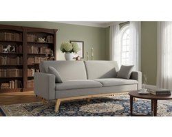 Nordic Luxe 3-Zits Slaapbank met Opbergruimte – Scandinavisch Design – Lichtgrijs – Bank en Bed in Eén – Comfortabel Klik-Klak Systeem – Inclusief Kussens – Dikke Zitting – Stevige Houten Poten – 220 kg Draagkracht – Ganeey