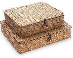Nordic Minimalistische Stijl Zeegras Opbergdoos met Deksels Rechthoekige Opbergmanden van Rieten Planken Natuurlijk Geweven Stapelbaar Set van 2 (Groot + Klein)
