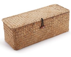 Nordic Minimalistische Stijl Zeegras Opbergmand met Deksel Kleine Geweven Plankmanden Rechthoekig met Secties voor het Organiseren van Snacks Speelgoed Tampon