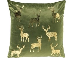 NORDIC-REINDEER - kussenhoes 45x45 cm - fluweel - rendieren - Bronze Green - groen, goud