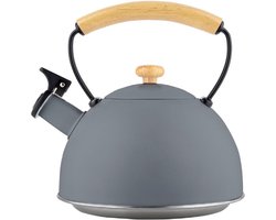 Nordic Waterketel Inductie - Fluitketel 2,3 L - Roestvrijstalen Theepot met Houten Handvat - Cool-Touch - Geschikt voor Inductie, Gas, Elektrische en Glaskeramische Kookplaten - Vintage Grijs