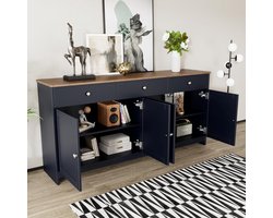 Nordic WoodLine Dressoir – Modern Rustiek Sideboard Kast 160 cm Grijs/Zwart Houtnerf met 4 Deuren, 3 Lades en Verstelbare Planken