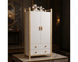 NordicLine Kledingkast 90x45x180 cm – Witte 2-Deurs Kast met Grenen Houten Frame, Kledingstang en 2 Laden – Moderne Garderobekast voor Slaapkamer, Kinderkamer en Hal - House&Garden