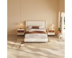 NordicLuxe Gestoffeerd Bed 140x200 cm – Scandinavisch Tweepersoonsbed met Linnenlook Bekleding, Gevoerd Hoofdbord, Stalen Versterkt Frame tot 400 kg, Geluidsvrij Design, Beige Design Bedframe