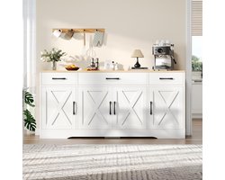 NordicVista Slimline Modern Dressoir Kast met 3 Lades en 4 Deuren, 160 x 37 x 75 cm, Multifunctionele Opbergkast voor Woonkamer, Eetkamer & Hal, Wit Design