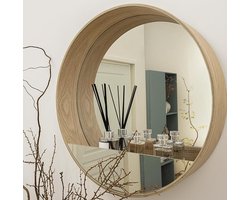 Nordik Tableto Ronde spiegel, diameter 56 cm, hangspiegel, metaal, hout, beige