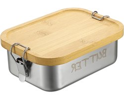 Nordivar - Boterbox met bamboe deksel - Roestvrij stalen boterdose - Magnetron-/vaatwasserbestendig - Boterschaal met gesp - Verzegelde boterklok - Huishouden en keuken - Zilver - 850ml