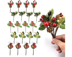 Nordivar - Kerstdecoratie: 20 stuks kunstmatige kerstbessen picks met dennentakken en dennenappels
