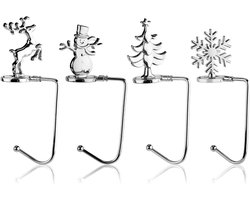 Nordivar - Kerstsokhouder Set van 4 stuks, Metaal Kerstboom Eland Sneeuwvlok Decoratie, Koushouder Mantel Open Haard Feest Huis (Zilver)