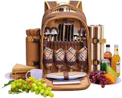 NORDIVAR® - Luxe Picknickrugzak voor 4 Personen – Inclusief Fleece Deken en Koelvak – Premium Kwaliteit – Bruin