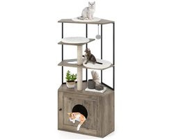 NordPaw® Hoek Kattenkrabpaal met Kattenbak Meubel - Kattenboom met Verborgen Kattenhuis, Krabpalen, Ligplateaus en Speelballetje - Vintage Bruin - 78 x 50 x 138 cm