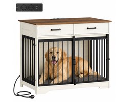NordPaw® Hondenbench Meubel met Stopcontact en USB - Houten Hondenbench met 3 Deuren, 2 Opberglades en Industrieel Design - Wit/Eiken - 97 x 56 x 81 cm