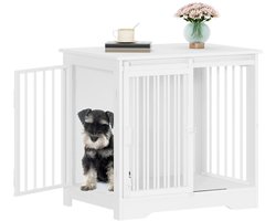 NordPaw® Hondenbench Meubel Wit – Houten Bench met Schuifdeur – Design Hondenhok voor Binnen – Bijzettafel & Hondenkast – 69 x 49 x 64,5 cm