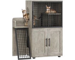 NordPaw® Kattenbak Meubel met Kattenhuis en Verstopte Kattenbak - Industrieel Kattenmeubel met Opbergkast, Loopplank en Verhoogde Lounge - Grijs - 85 x 60 x 106,5 cm