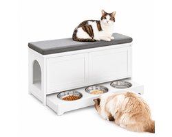 NordPaw® Kattenbak Meubel met Opbergbank en Voerstation - Verborgen Kattenhuis met Zitkussen, 3 RVS Voerbakken en Opbergruimte - Wit - 90 x 36 x 44 cm