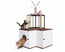 NordPaw® Kattenkrabpaal met Kattenbakkast - Kattenmeubel 3-in-1 - Verborgen Kattenbak - Krabpaal met Opbergkast - Krabplank - Kattenhuis - 70x70x124 cm - Wit/Hout