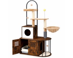 NordPaw® Kattenmeubel met Verborgen Kattenbak - Krabpaal, Kattenhuis, Hangmat en Uitkijkplatform - Industrieel Design - Bruin