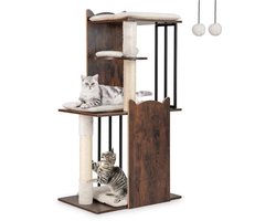 NordPaw® Luxe Houten Krabpaal 112 cm - Moderne Kattenboom met 4 Ligplatforms, Sisal Krabpalen, Wasbare Kussens & Speelballetjes - Kattenmeubel voor Binnenkatten - Rustiek Bruin