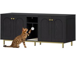 NordPaw® Luxe Kattenkast voor 2 Katten – Verborgen Kattenbak Meubel – Kattenhuis met Opbergruimte en Sisalmat – TV Meubel & Kattenbak Ombouw – Zwart/Goud – 140 cm