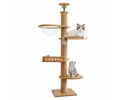 NordPaw® Plafond Kattenkrabpaal Verstelbaar 240-270 cm - Kattenboom van Massief Hout met Transparante Hangmat, Krabpaal, Ligplateaus en Pluche Ligbed - Naturel - 240-270 cm