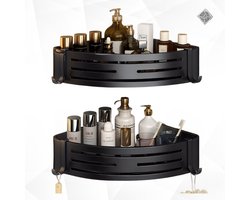 NordScape® Zwart Doucherek Set 2 stuks – Hoog & Veilig – Hangend Doucherek Zonder Boren – Doucherekjes Zwart – Telescopisch Douche Rekje – Shampoo Houder Aluminium/RVS