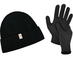 Norfolk - 70% Merino wol Muts en Handschoenen Set - Premium Gebreide - Wintersport Muts - Warme Mutsen - Wintermuts - Cadeauset - Zwart - S/M - Norwick+Bibury