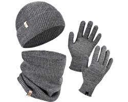 Norfolk Winterset - 70% Merino Wol Muts - Handschoenen en Nekwarmer Set - Premium Gebreide, Warm en Zacht - Cadeauset - L/XL - Grijs