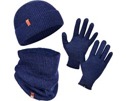 Norfolk Winterset - 70% Merino Wol Muts - Handschoenen en Nekwarmer Set - Premium Gebreide, Warm en Zacht - Cadeauset - S/M - Blauw