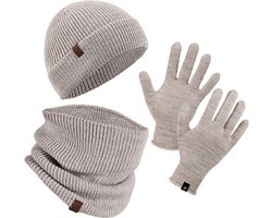 Norfolk Winterset - 70% Merino Wol Muts - Handschoenen en Nekwarmer Set - Premium Gebreide, Warm en Zacht - Cadeauset - S/M - Oatmeal