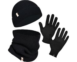 Norfolk Winterset - 70% Merino Wol Muts - Handschoenen en Nekwarmer Set - Premium Gebreide, Warm en Zacht - Cadeauset - S/M - Zwart