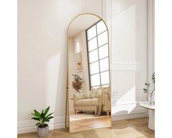 Norvia - Grote spiegel - 162 x 53 cm - Goud - Staand of Hangend - Ovaal - Wandspiegel - Aluminium frame - Aanpasbare stand