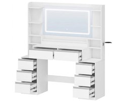 Norvia - Kaptafel - Make Up Tafel - Make Up Organizer - Grote spiegel - Verlichting - 8 Lades - Open Vakken - 135 x 145 x 40 cm