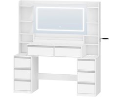 Norvia Kaptafel met grote spiegel en verlichting en 8 lades - Make up tafel - Open vakken - Modern design - 135 x 145 x 40 cm