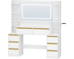 Norvia Kaptafel met grote spiegel en verlichting en 8 lades - Make up tafel - Open vakken - Modern design - 135 x 145 x 40 cm