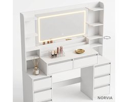 Norvia Kaptafel met grote spiegel en verlichting en 8 lades - Make up tafel - Open vakken - Modern design - 135 x 145 x 40 cm