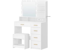 Norvia Kaptafel met spiegel, kruk, verlichting en 5 lades - Make up tafel - Open vakken - Modern design - 90 x 40 x 139 cm
