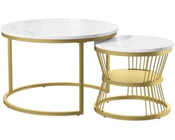 Norvia Luxe Salontafels - 2 Ronde Salontafels - Sidetables - Marmerlook - Goud Metaal - Moderne Bijzettafels - Ruimtebesparend