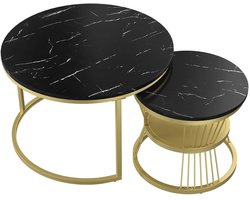 Norvia Luxe Salontafels - 2 Ronde Salontafels - Sidetables - Marmerlook - Goud Metaal - Moderne Bijzettafels - Ruimtebesparend