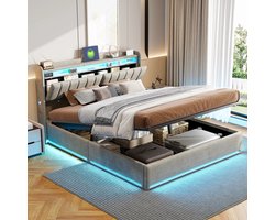Norvia - Opbergbed 160 x 200 cm - Bedframe - Tweepersoonsbed - Opberg hoofdeinde - USB en USB C - LED verlichting - Fluwelen stof
