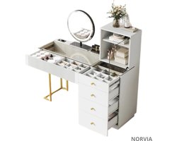 Norvia Overzichtelijke Make Up Tafel - Beauty Station Met Gehard Glazen Blad- Kaptafel Met Spiegel En LED Verlichting - 5 Laden