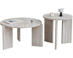 Norvia Salontafel Set Van 2 - Japandi Stijl - Table Base - Bijzettafels - Minimalistisch Design - Ø70 En Ø50 cm - Grijs Hout