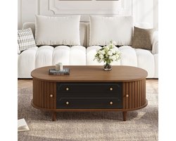 Norvia - Salontafel - Walnootlook - 100x50x36 CM - Roldeur En 2 Lades - Retro Scandinavische Bijzettafel Zwart - Opbergruimte