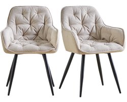 Norvia - Stevige Eetkamerstoel - Set Van 2, 4 of 6 - Linnen Beige Stof - Met Armleuningen - Metalen Poten - 47,5 x 50,5 x 84 cm