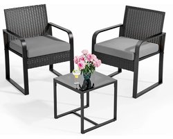 Norvia Tuinset - 2 Stoelen 1 Tafel - Balkonset Zwart/Grijs - Loungeset - Weerbestendig Inclusief Kussens - Tuin, Veranda, Terras