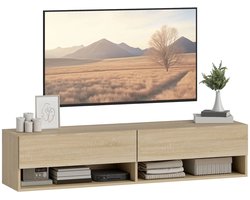 Norvia - TV Meubel - TV Meubel Hout - 140 cm - Zwevend Ontwerp - Natuurlijk Hout - Met Opklapbare Deuren En Kabelbeheer -