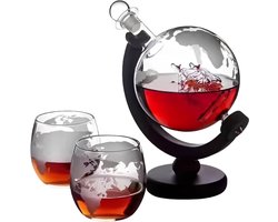 Norvia - Wijnset – Wereldbol Karaf 900 ml – 2 Glazen – Houten Standaard – Loodvrij Glas – Wijnkaraf voor Bar en Woonkamer